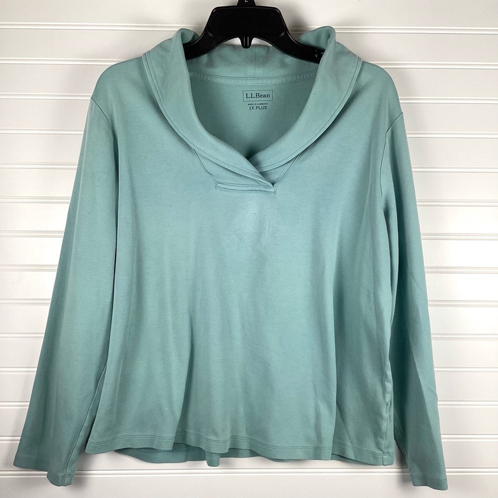 L.L. Bean Women's Blue Teal Pima Long Sleeve Cowlneck Pullover Shirt Top 1X
